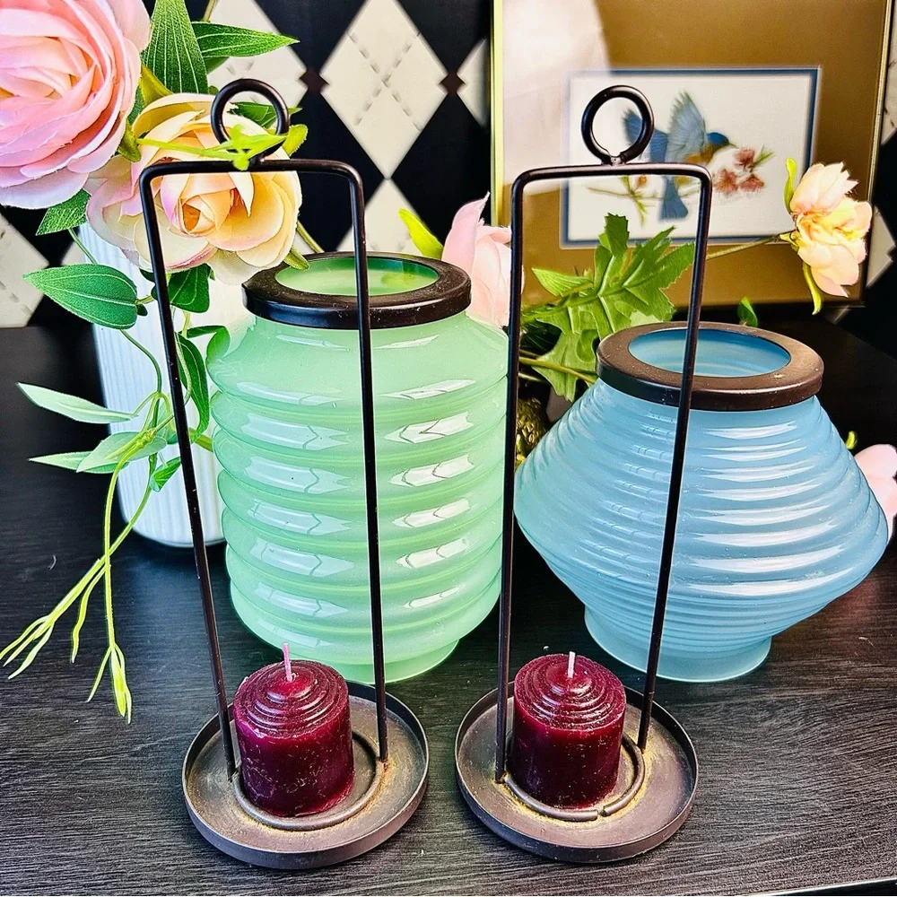 Mid Century Modern‎ Ribbed Glass Tea Light Lanterns, Pair Candle Indoor Outdoor